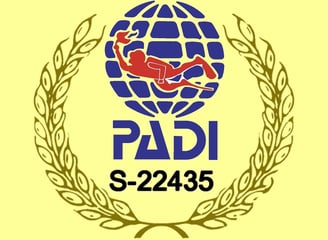 a person in a red shirt is holding a red and white sign that says padi includ the number certificat