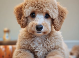 A small, adorable Cavalier King Charles Spaniel puppy with brown and white fur is resting its head on a soft, white surface. Its big, dark eyes are looking directly at the viewer, and its paws are visible in the foreground, adding to its cute appearance. The background is softly blurred, mainly showing a muted pink color.
