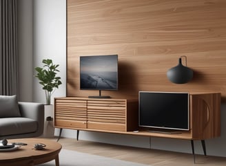 A minimalist interior design featuring a wooden sideboard with sleek lines and a potted plant on top. Modern pendant lights with circular designs hang from the ceiling, and decorative items are arranged on a recessed shelf. A light blue armchair with a wooden frame is positioned in the foreground, enhancing the contemporary aesthetic.