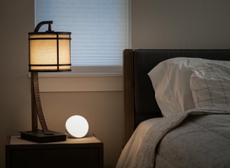 Vista de una recámara con luz tenue y una lámpara sobre el buró