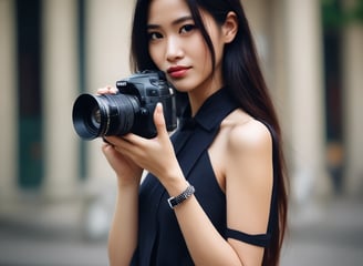 A beautiful Vietnamese girl is holding a red camera with cooke s8 lens mounted on the camera