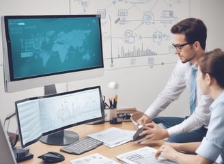 The image depicts an office space with several computer monitors on desks. A red digital display on the wall reads 'Portal Correio'. The room has glass partitions and a modern, streamlined design. Overhead fluorescent lights provide illumination.