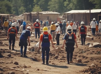 Firefighters wearing red protective suits and metallic helmets are using a hose to spray water towards thick white smoke. They are equipped with breathing apparatus and additional gear. In the background, police officers in dark uniforms and helmets stand by a building.