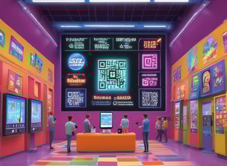 A large digital screen displays a close-up image of a face on a brick tower, situated in an urban environment surrounded by modern skyscrapers. People, including children, are playing and walking around the area, which appears to be a public space with water fountains.