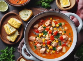 A close-up view of a bowl filled with creamy soup garnished with chickpeas, sautéed mushrooms, and green herbs. The soup has a rich and thick consistency with visible spinach leaves and pesto. The bowl is placed on a rustic wooden surface next to a light-colored cloth napkin.