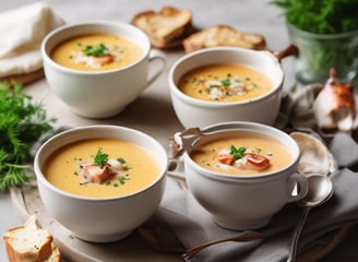A bowl of soup with rich ingredients including a large mushroom, sliced vegetables, and fresh herbs. The bowl is ornately decorated with a traditional pattern and the background is a plain teal color, enhancing the focus on the dish.