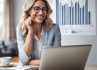 a smart woman sitting at a table using a laptop computer