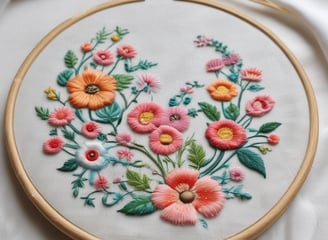 An embroidery hoop with the words 'embroidery by Liza' in black thread is positioned on a wooden surface. Surrounding the hoop are vibrant flowers in shades of pink, white, red, and blue placed on top of woven straw or wicker.