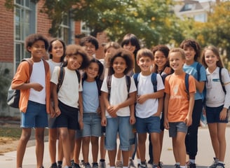 A group of young children in a classroom setting, wearing matching plaid uniforms with turquoise collars. The room has an orange-colored wall and windows with blinds. The children appear to be posing casually, displaying expressions ranging from serious to curious.
