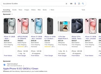 Google search results for 'buy iPhone 15 online' with sponsored product listings and prices.