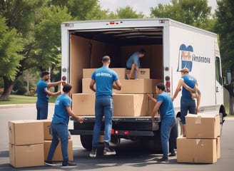 a group of people moving boxes into a moving truck