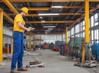 A person wearing safety gear is suspended by ropes, performing maintenance or cleaning on the side of a large building with vertical panels.