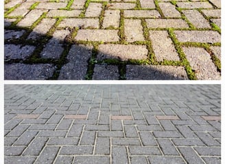 a close-up of a brick paved driveway showing before and after cleaning.