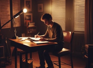 A music production workspace featuring a keyboard, laptop, smartphone, and two monitors displaying digital audio workstation software. The setting includes a wooden desk with a desk lamp, an audio interface, and a computer mouse.