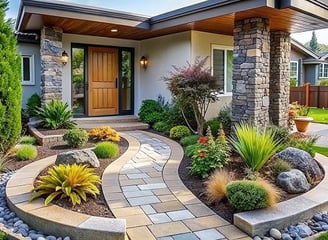a house with a stone walkway and a stone walkway