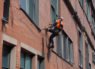Several workers are suspended on ropes, cleaning the tall windows of a modern building. The building facade is covered with various advertisements and exhibits a sleek, industrial design. Two people are standing on the ground, watching the operations.