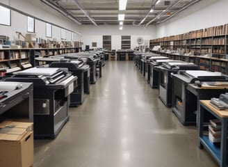 a large room with a lot of printer machines