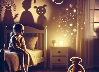 Enfant de 5 ans assis sur un lit, observant des ombres rassurantes, illustrant le développement normal de la peur du noir.