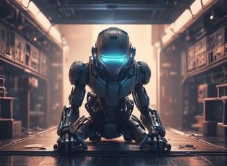 Four small, white robot figures are sitting in a row, each with a laptop in front of them. They have round bodies and blue accents, with 'AI' displayed on their chests. The background is minimal and light gray, emphasizing the robots and their computers.