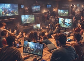 a couple of people sitting at a table in a room