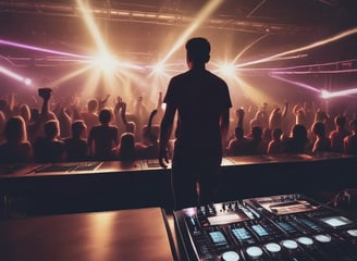 A DJ is performing with a mixing console, surrounded by technical equipment and glowing lights. The background features a large digital display with red patterns and a silhouetted shadow of the DJ.