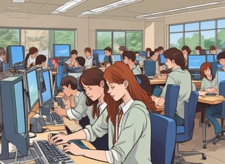 A classroom with five nurses in uniforms seated at desks, facing a blackboard where another nurse is writing. Anatomical charts and a skeleton model are visible, indicating a lesson on human anatomy.