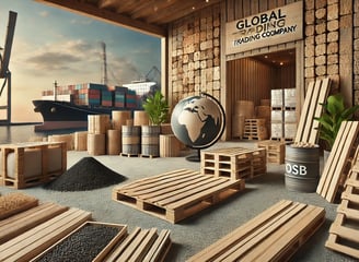 Warehouse with wooden pallets, OSB boards, firewood, and charcoal ready for global shipping