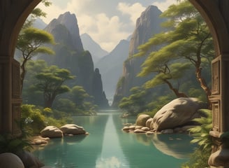 a painting of a mountain scene with a river and a bridge