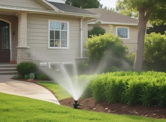 a sprinkler sprinkles lawn in front of a house