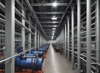 An industrial setting features a dimly lit area with a control box or panel in the foreground, illuminated by a small light. In the background, a blurred view of people passing by a building wall with mounted equipment and small windows can be seen.