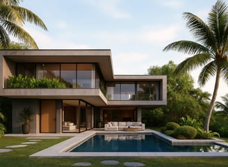 a house with a pool and palm trees