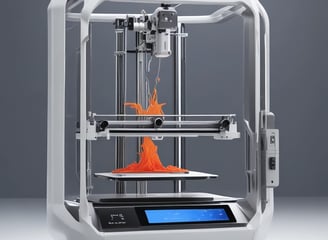 A 3D printer with a blue translucent cover is placed on a reflective surface. It has a rectangular base and an open chamber where the printing mechanism is visible. The power cord extends from the back and it is set against a plain background.