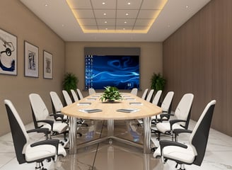 a conference room with a table and chairs