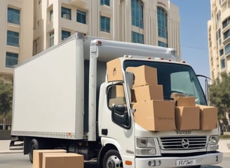 A busy city street scene with moving and delivery trucks parked alongside, surrounded by various equipment and boxes. Traffic cones and barricades labeled 'DANELLA' line the roadway. Several vehicles, including a white car and a red moving truck, are visible. Pedestrians and large buildings flank the street.