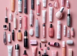 A display of skincare products with CBD ingredients in dark containers and eco-friendly packaging. These include a pump bottle, a small jar, and a box, arranged neatly on a light surface. Nearby is a decorative dried plant and a yellow geometric shape, likely made of paper or cardboard.