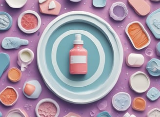 An arrangement of skincare or wellness products placed on a light surface, surrounded by natural elements such as leaves and assorted stones. The products include bottles with pump tops, jars, a spray, and a stick, each with minimalist labels in earthy tones. Dried plant material and small colorful pebbles add a rustic and organic touch.