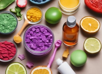 A collection of skincare products is artfully arranged on an olive green backdrop. Several cylindrical bottles and jars, some with labels, are prominently displayed. A large leaf is being held above the setup, adding a natural, organic element. Small rocks and green gummies are scattered around, enhancing the aesthetic presentation.