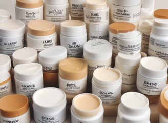 Rows of shelves filled with various colorful bottles and tubes, including creams and sprays. The products are neatly arranged in an orderly display, showcasing different brands and types, each with distinctive colored labels and caps.