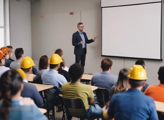 A large group of people are gathered in a conference room for a 'Sensitivity Training' session. Most attendees are wearing face masks. The room is decorated with chandeliers and a large screen displaying the title of the seminar. Attendees are dressed in various colorful garments.