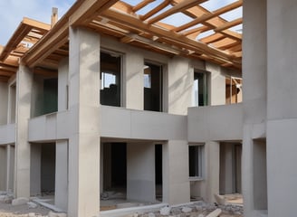 The image depicts a construction site with workers building a small structure made of concrete blocks. There are wooden scaffolding and support beams in place, and the site is surrounded by palm trees, conveying a tropical setting. Construction materials such as blue tarpaulin and concrete blocks are scattered around the area.