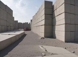 A concrete plant setup is visible with a large gray industrial building. A tall silo stands adjacent, featuring a logo. Several trucks, including a cement mixer and a freight truck, are parked nearby. Wide open spaces and a few scattered patches of snow surround the area under a clear blue sky.