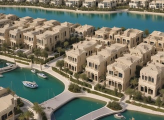 A coastal residential area with modern architecture overlooking the ocean. The scene includes a luxury building labeled 'AURUM', surrounded by well-maintained natural greenery. A road curves along the hillside with several parked cars and more houses extending into the distance. The sky is partly cloudy, blending with the blue of the ocean.