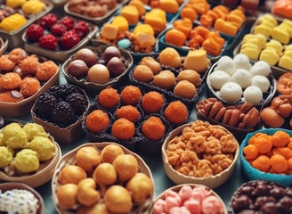 A display of various candies including jars filled with colorful confections and a decorative bowl overflowing with individually wrapped vanilla caramels. The setting has a light and airy atmosphere, with jars having teal lids and labels.