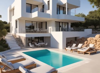 A luxurious two-story villa with a red-tiled roof surrounded by lush tropical greenery and tall palm trees. The building features white arches and a spacious balcony. A manicured garden and a cobblestone path enhance the scenery.