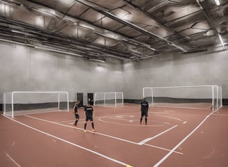 A spacious indoor recreational area with wooden flooring, featuring a foosball table, ping pong tables, and wooden tables and chairs. Large windows line one wall, allowing natural light to fill the space.
