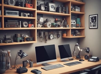 A workbench is cluttered with technology repair tools and disassembled electronic devices. Multiple laptops are open, and an overhead lamp provides focused lighting on the workspace. A backpack sits at the back, amidst a disarray of tools such as screwdrivers, a utility knife, and an organized box of small components. Various pieces of electronic hardware and circuit boards are spread out on the table.