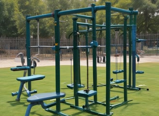A playground scene with metal fencing featuring diamond-shaped patterns in the foreground. Behind the fence is a structure resembling a playhouse or shed painted in light blue. A colorful playground cart with yellow tires and multicolored benches can also be seen. The ground is covered with grass and there are trees in the background.