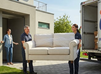a moving truck with a couch and a man in a truck