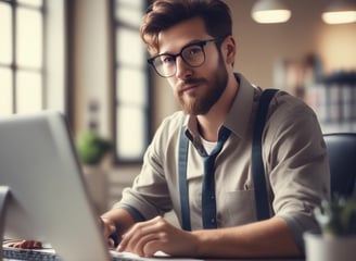a man sitting at a desk with a computer monitor and a computer monitor