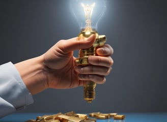 Una mano sujetando una bombilla encendida con lingotes de oro pequeños sobre la mesa